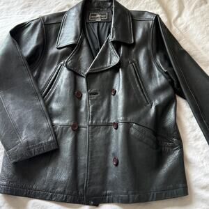 Vintage Brandon Thomas Black Leather Double Breasted Pea Coat
